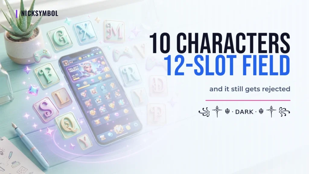 Mobile game profile screen showing why a ten character nickname fails a twelve slot name field