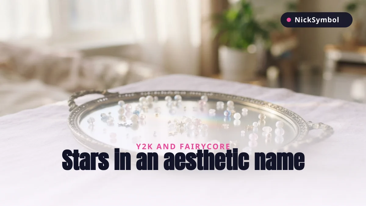 Glass beads and star charms on a lilac tray illustrating star symbols in aesthetic names