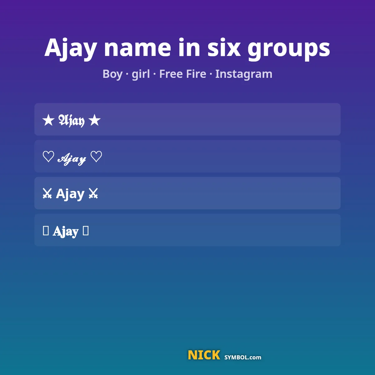 Ajay name symbols in six groups: boy, girl, Free Fire, Instagram, username, Hindi script